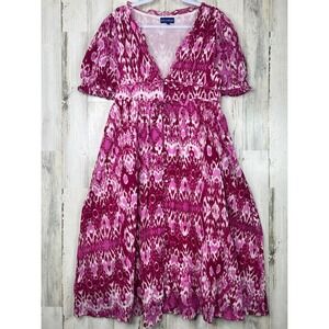 Ros's Garden Cotton‎ V-Neck Tie Front Midi Dress Large Pink White Ikat